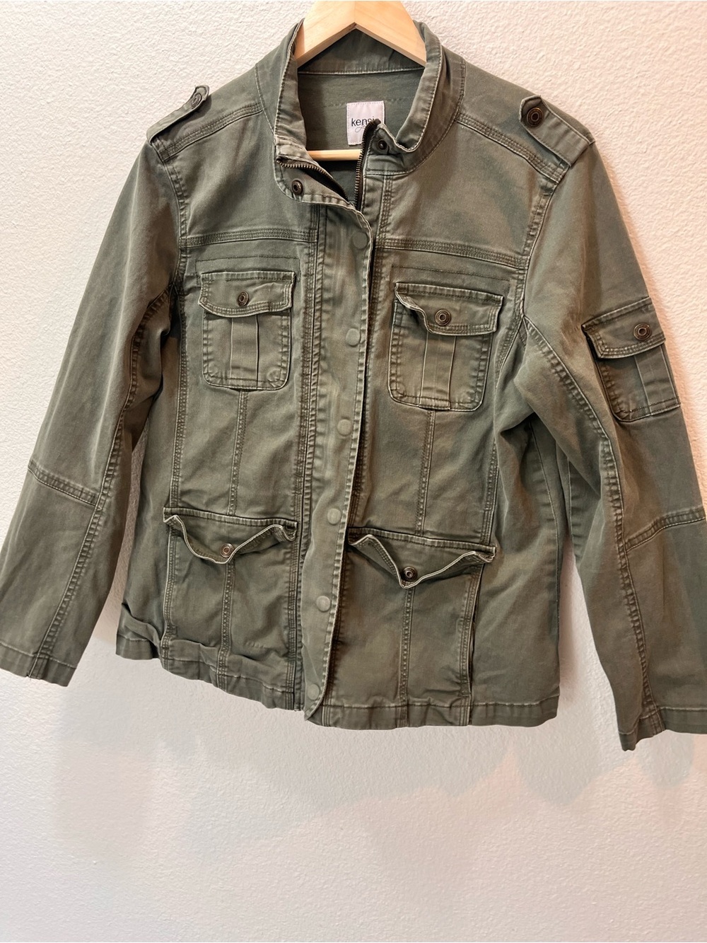 Kensie Olive Green Military-Style Utility Jacket fall layered